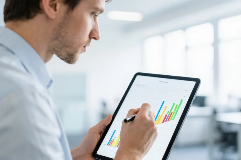 一位专注的分析师正在用笔标记平板上的彩色走势图，背景为明亮的办公室