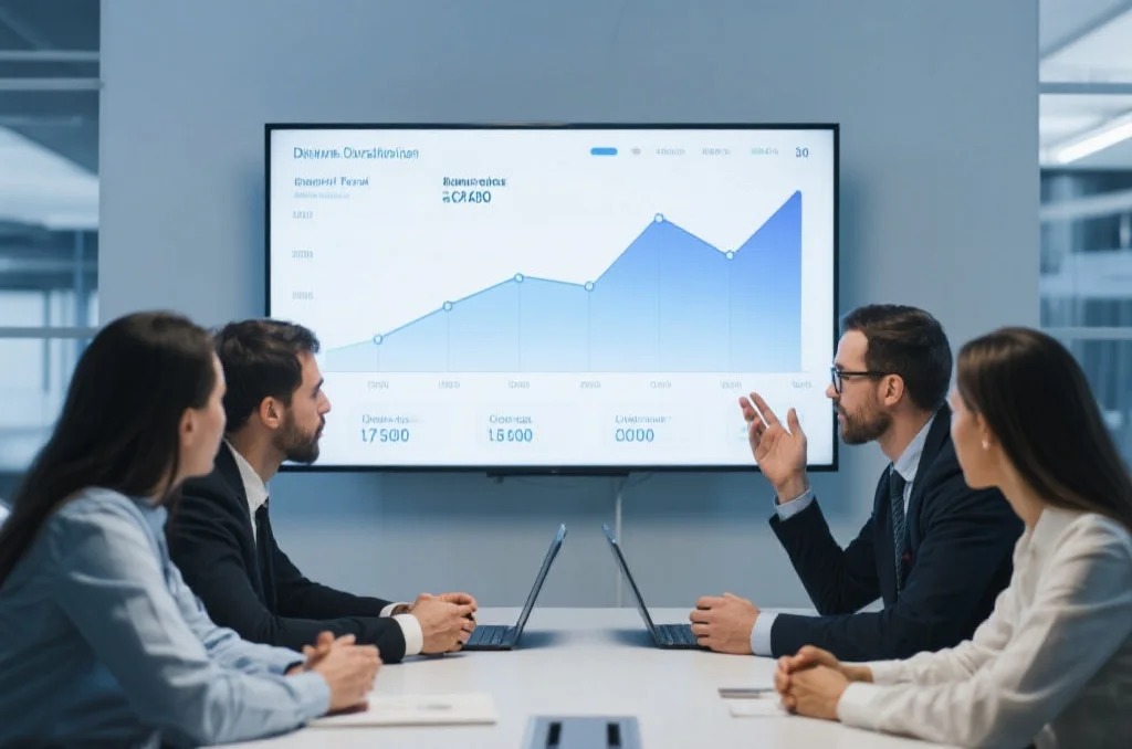 现代化数据分析团队正在会议室讨论大屏幕上的数据趋势图,气氛专注且专业