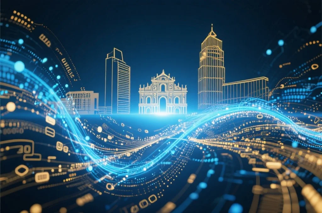 抽象的数字网络与数据流连接澳门地标剪影，象征科技与社区连接